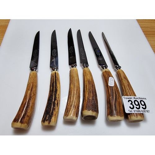 399 - A collection of 6 good quality stag antler handled steak knives marked for FA Kirk Cutlers Sheffield... 