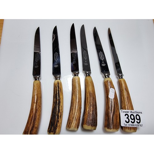 399 - A collection of 6 good quality stag antler handled steak knives marked for FA Kirk Cutlers Sheffield... 