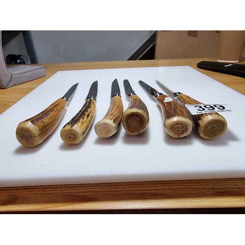 399 - A collection of 6 good quality stag antler handled steak knives marked for FA Kirk Cutlers Sheffield... 