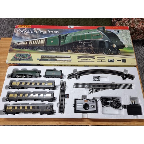 127 - A boxed as new Hornby R1136 Yorkshire Pullman train set quicksilver locomotive and 3 pullman coaches... 