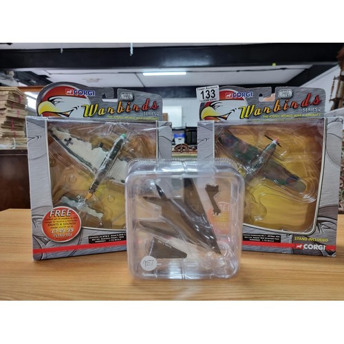 133 - 3x new and sealed diecast model planes to include 2 Warbirds series planes with stands by Corgi alon... 