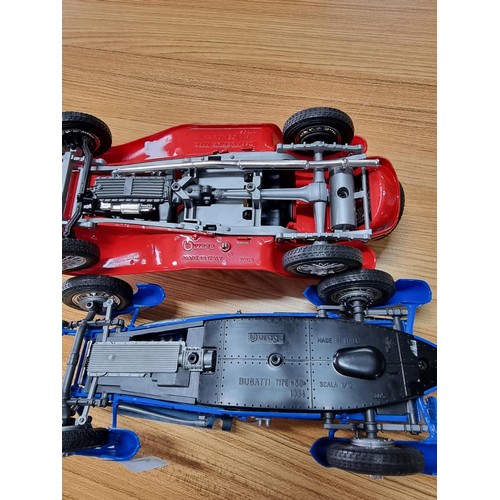 134 - 2 large diecast scale model cars by Burago, both are 1/18 scale, to include a Bugatti type 59 and a ... 