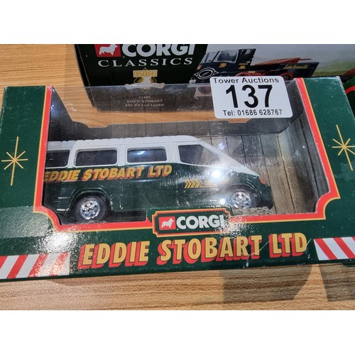 137 - 3x boxed as new Eddie Stobart die-cast vehicles to include and ERF KV low loader, drop side lorry, a... 