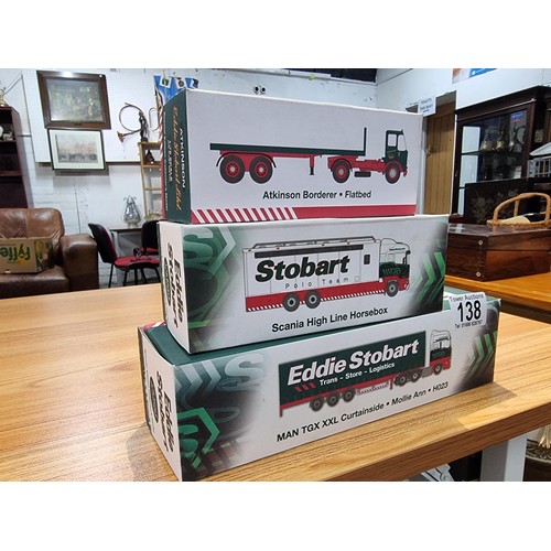 138 - 3x boxed as new atlas editions Eddie Stobart die-cast vehicles including a curtain side lorry, horse... 