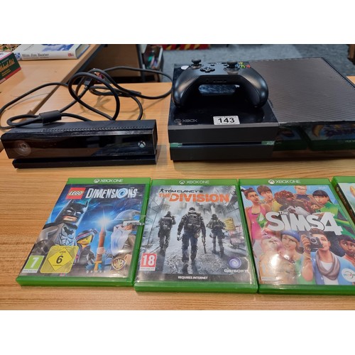 143 - An Xbox one gaming console with a 1TB hard drive complete with 5 good games, controller, Xbox connec... 