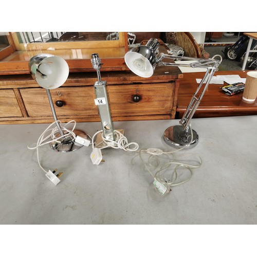 14 - Collection of chrome lamps inc 2x angle poise lamps and a mirror column desk lamp missing shade