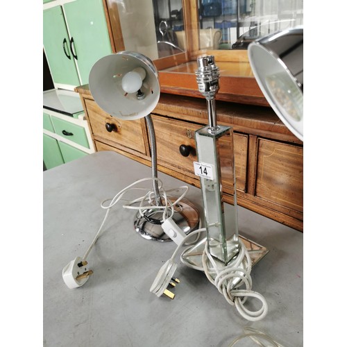 14 - Collection of chrome lamps inc 2x angle poise lamps and a mirror column desk lamp missing shade