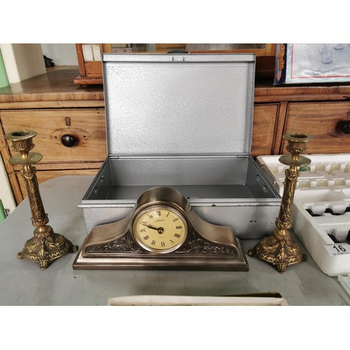 16 - Quantity of collectables inc a lockable metal money box, quartz mantel clock, pair of ornate brass c... 