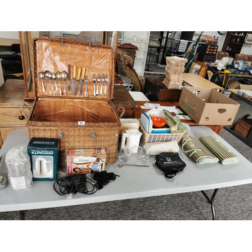 21 - Vintage picnic hamper complete with cutlery, plastic plates, glassware, along with a mini kettle, Wa... 