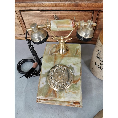 22 - Quantity of collectables inc a vintage onyx phone, brass plate with oil painting insert, T.W. Parker... 