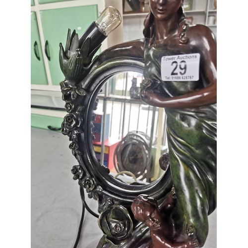 29 - Figural Crosa 1995 mirror with light, depicting lady with child at feet mirror stands at 47cm width ... 