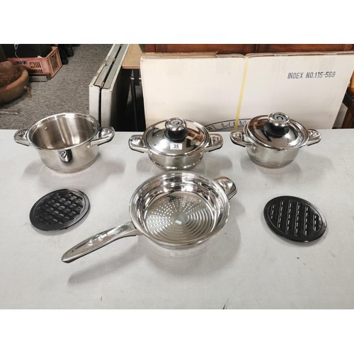 35 - Quantity of good quality unused pan set to include 2 pots, a steamer and a frying pan, 2 lids with t... 