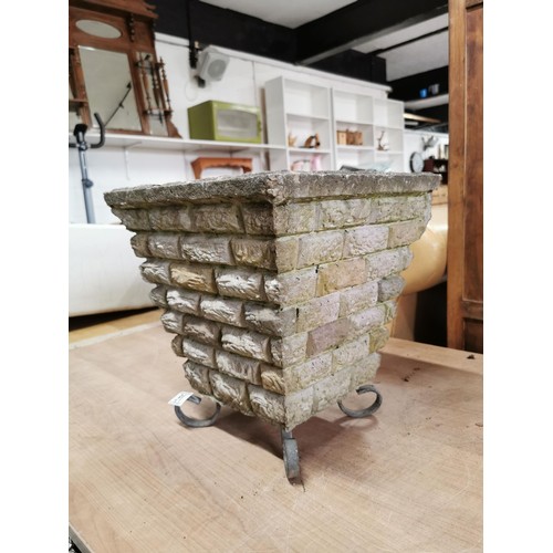 51 - large 1970's brick design concrete planter standing on 4x wrought iron feet, height 33cm, 32cm squar... 