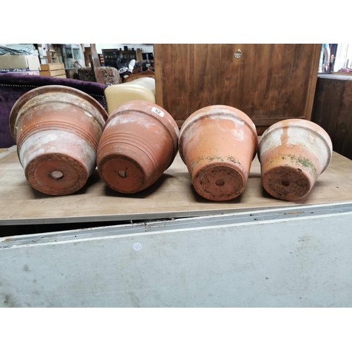 52 - Collection of terracotta plant pots inc 3x large and 1x small, Largest measures 24cm high, 32cm diam... 