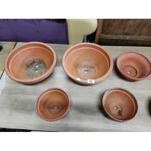 53 - Collection of 7x round bowl shaped terracotta planters all in good order largest measures 15cm high ... 