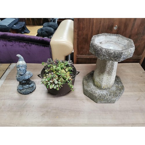 55 - Large stoneware bird bath on octagonal column along with a garden gnome and a cast iron couldron con... 