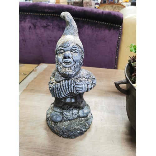 55 - Large stoneware bird bath on octagonal column along with a garden gnome and a cast iron couldron con... 