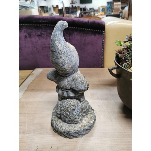 55 - Large stoneware bird bath on octagonal column along with a garden gnome and a cast iron couldron con... 