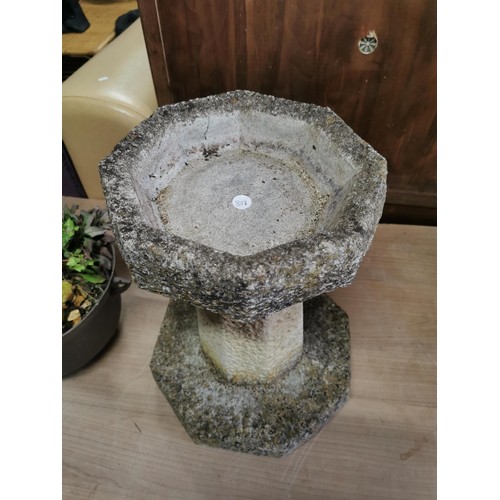 55 - Large stoneware bird bath on octagonal column along with a garden gnome and a cast iron couldron con... 