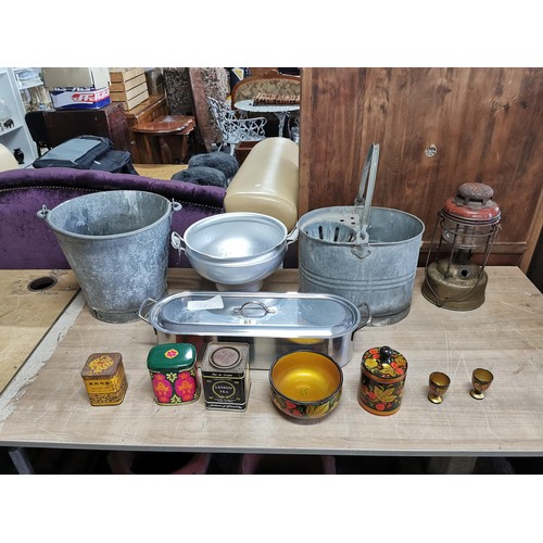 61 - Quantity of collectables inc galvanised mop bucket galvanised bucket, fish steamer, tins and tilley ... 