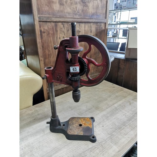 63 - Vintage pillar drill with cast iron wheel, stamped British made 99, in good order