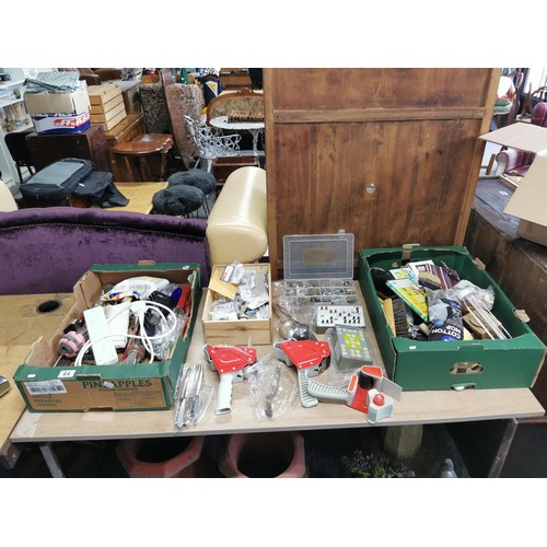 64 - 2x boxes of various tools and accessories inc 3x tape dispensers, 2x train controllers for model tra... 