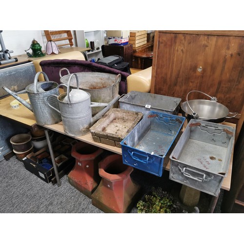 65 - Large quantity of galvanised items inc 2x watering cans, Beldray galvanised double handled bath, con... 