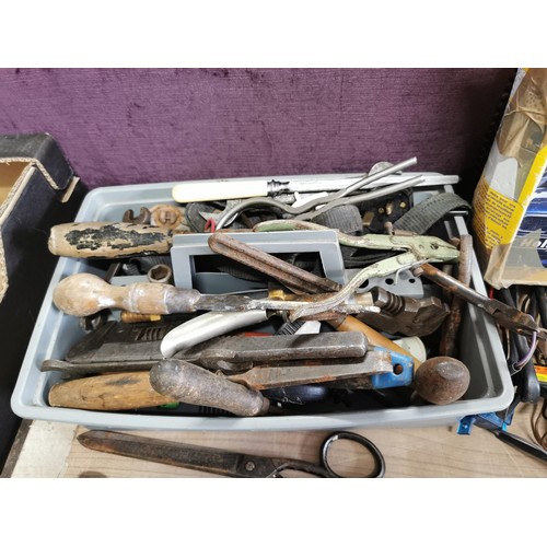 72 - Large collection of various tools inc BMW wiring for fog lights, saw blades, hammers, hand vice alon... 