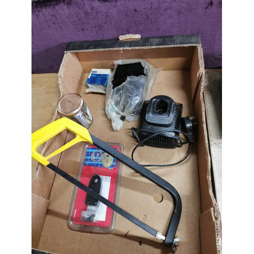 72 - Large collection of various tools inc BMW wiring for fog lights, saw blades, hammers, hand vice alon... 