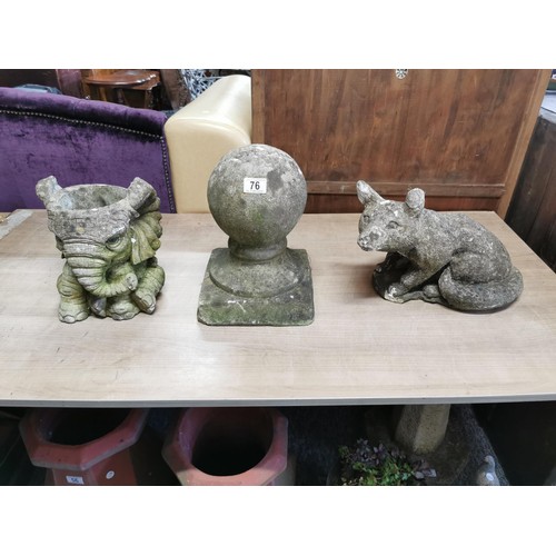 76 - 3x stoneware items inc an elephant formed planter, fox formed garden ornament along with a ball fini... 