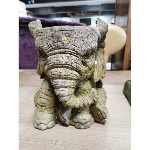 76 - 3x stoneware items inc an elephant formed planter, fox formed garden ornament along with a ball fini... 