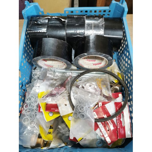 84 - 3x crates containing tape, chalk line, washers, quantity of draining rod ends and a quantity of soft... 