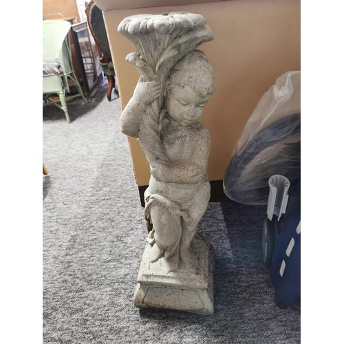 105 - Large stoneware cherub formed garden statue, stands at 82cm high