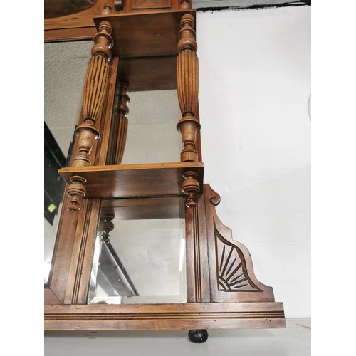 107 - Good quality oak well detailed mirrored over mantel with floral carving decoration and 4x shelves he... 