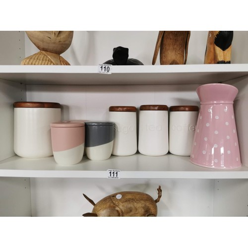 111 - Quantity of ceramic kitchen storage pots inc Sugar, Coffee, Tea, other storage jars along with a lar... 