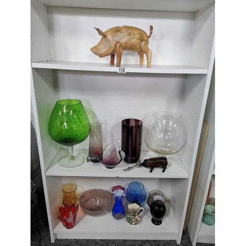 112 - Quantity of glassware inc art glass vases, bowls, large goblets, dog formed bottle opener etc along ... 