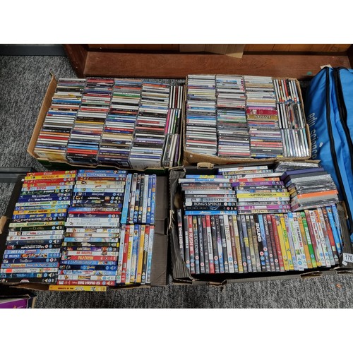 178 - A large collection in 4 boxes of DVD's and CD's to include 2 boxes full of DVD's and 2 boxes full of... 