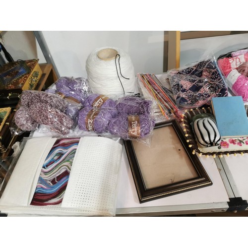 220 - Large quantity of craft items inc embroidery rings, quantities of wool cotton etc along with rugs Su... 