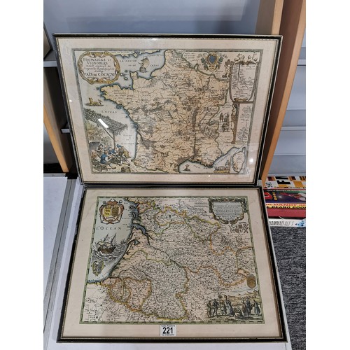 221 - 2x famed and glazed reproduction vintage maps inc France and Bay of Bisque, height 41cm length 55cm