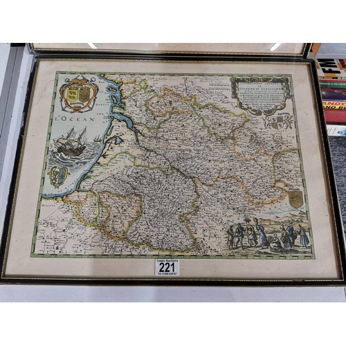 221 - 2x famed and glazed reproduction vintage maps inc France and Bay of Bisque, height 41cm length 55cm