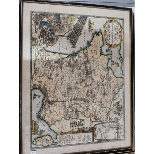 221 - 2x famed and glazed reproduction vintage maps inc France and Bay of Bisque, height 41cm length 55cm