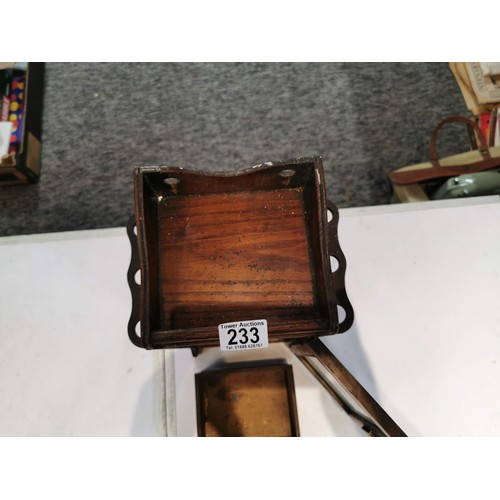 233 - Vintage oak pipe rack with one slide out drawer and 2 smoking pipes with 2x hindged racks for three ... 