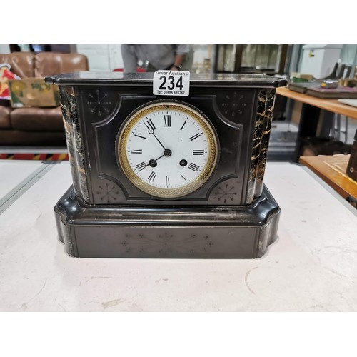 234 - Vintage slate mantel clock chiming on a bell complete with pendulum back plate is stamped 1680, stan... 