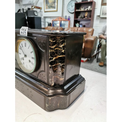 234 - Vintage slate mantel clock chiming on a bell complete with pendulum back plate is stamped 1680, stan... 