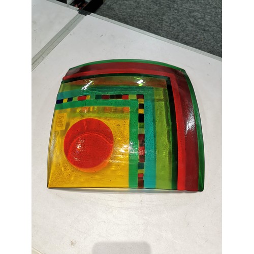 249 - Vintage square formed art glass bowl in vibrant colours with striking design measures height 5cm , 3... 