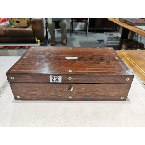 250 - Vintage wooden writing box with pearl inlay to top and sides, H.Barker sticker inside in need of res... 