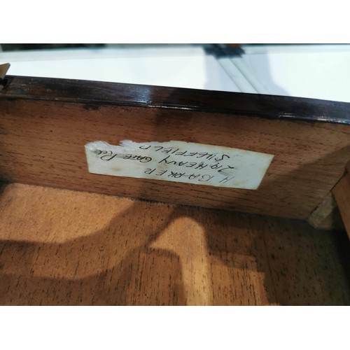 250 - Vintage wooden writing box with pearl inlay to top and sides, H.Barker sticker inside in need of res... 