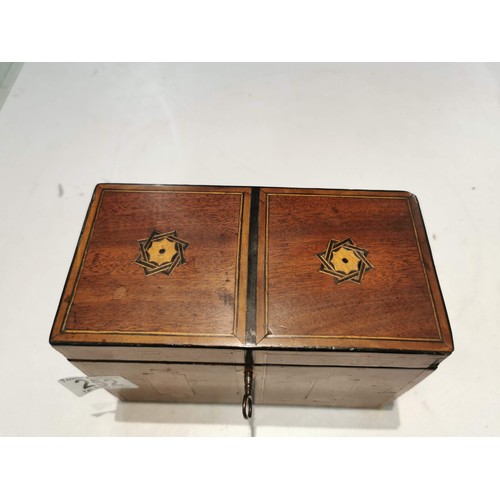 252 - Small Inlaid mahogany tea caddy with detailed inlay to top and front complete with key lock needs at... 