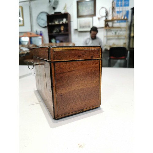 252 - Small Inlaid mahogany tea caddy with detailed inlay to top and front complete with key lock needs at... 