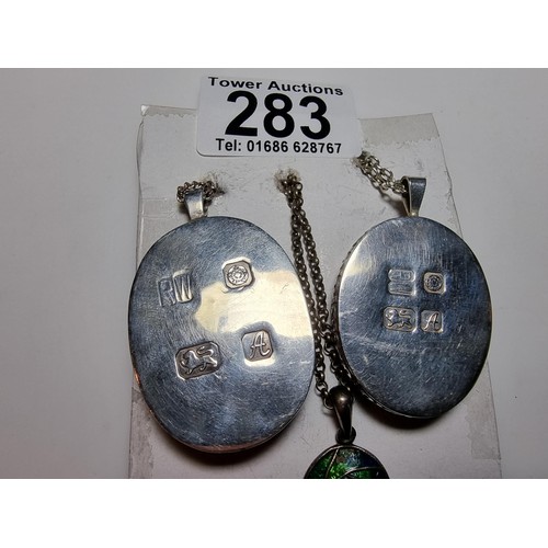 283 - A suite of 5x 925 silver pendants and silver chains to include 2x impressive hard stone pendants wit... 